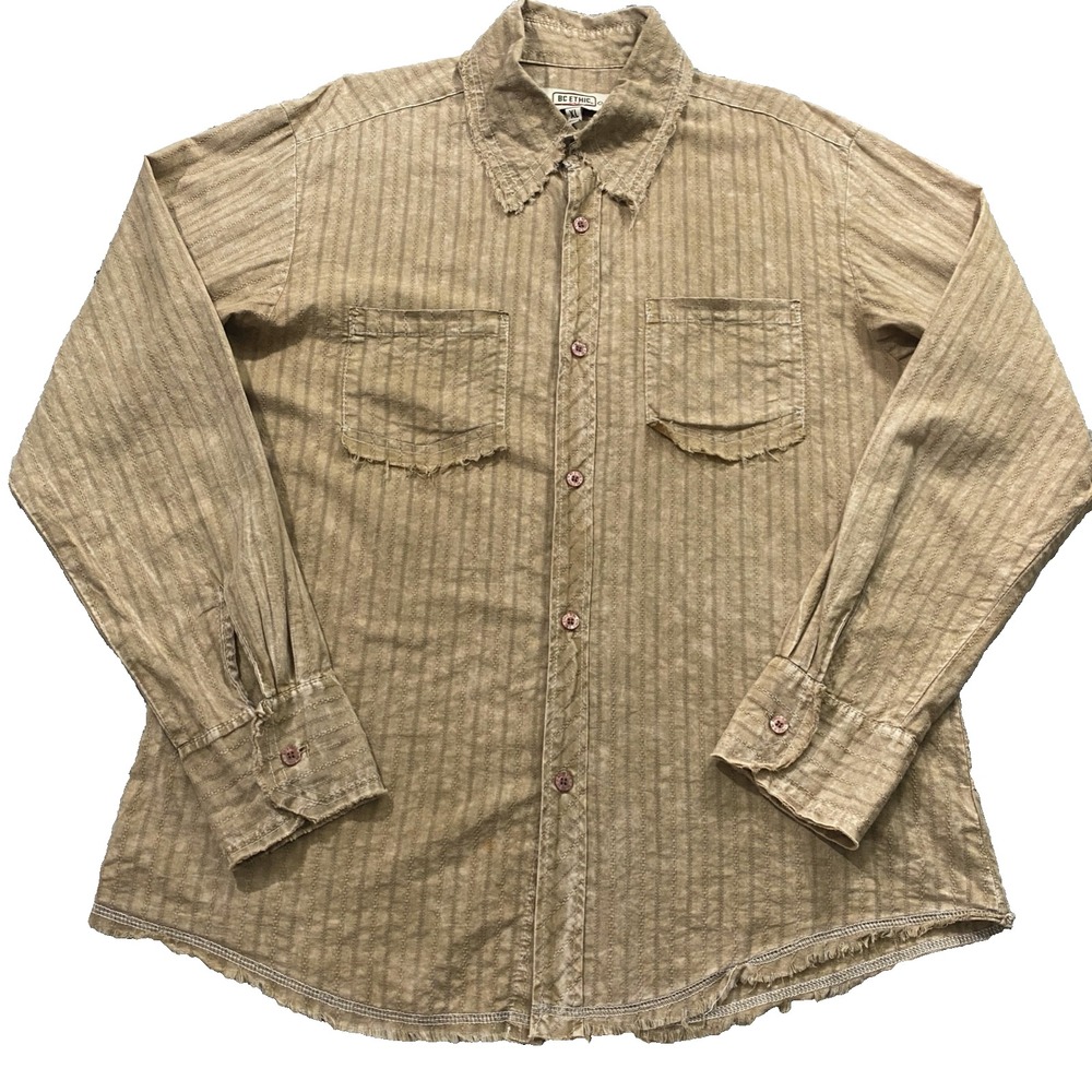 BC Ethic Mens XL‎ Vtg Raw Hem Rockabilly Thin Button Shirt Punk Long Sleeve Tan